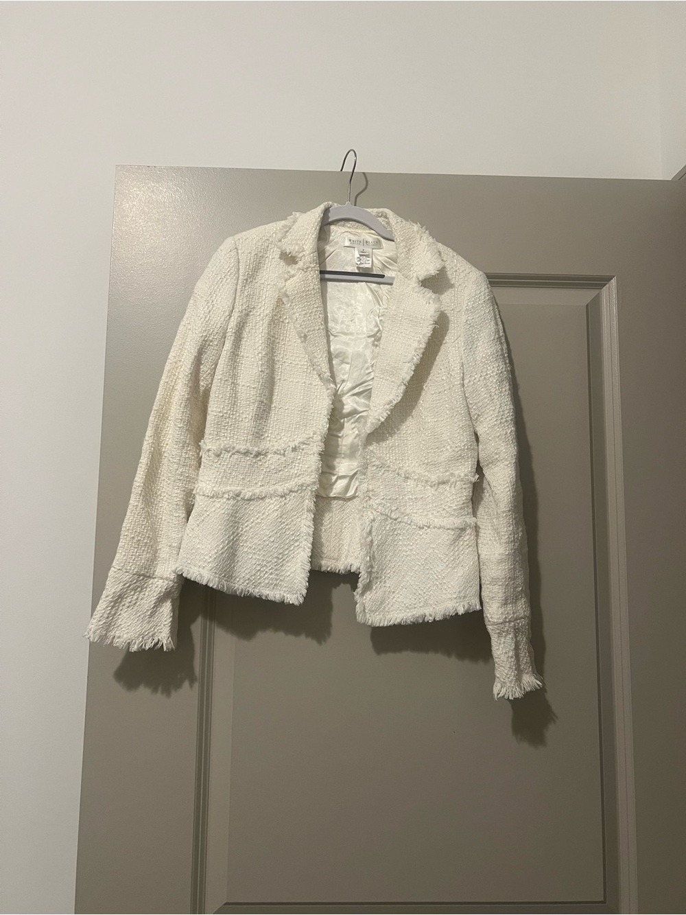 White House Black Market Ivory Tweed Fringed Hem Blazer